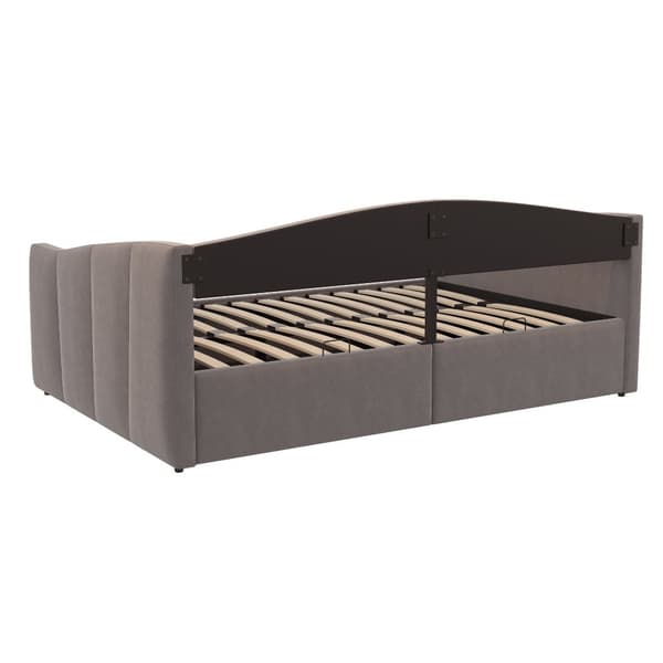 Sovesofa 140x200 cm med hydraulisk opbevaring, lamelbund, armlæn, stribet fløjlsstof, multifunktionel, grå