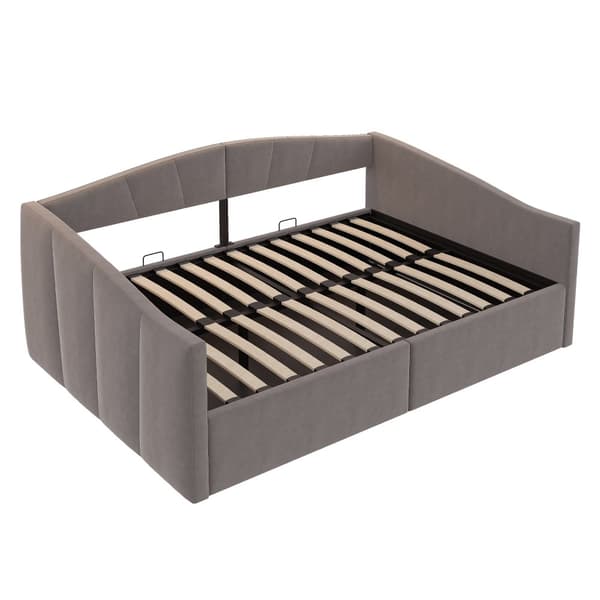 Sovesofa 140x200 cm med hydraulisk opbevaring, lamelbund, armlæn, stribet fløjlsstof, multifunktionel, grå