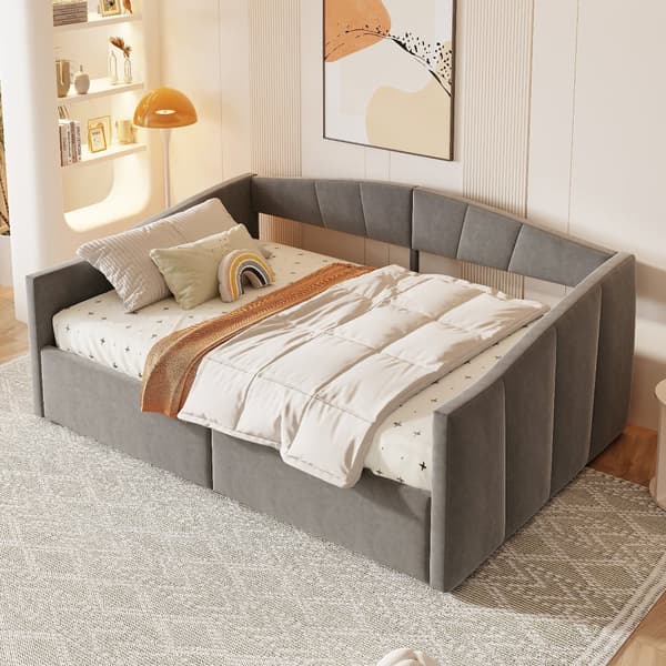 Sovesofa 140x200 cm med hydraulisk opbevaring, lamelbund, armlæn, stribet fløjlsstof, multifunktionel, grå
