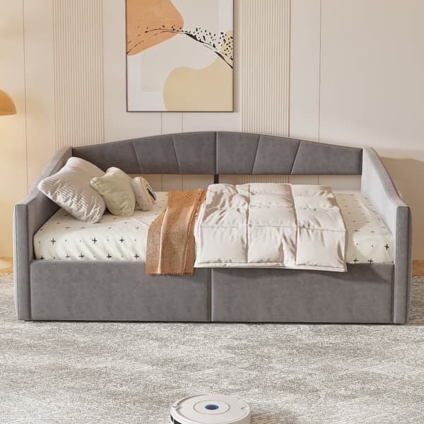 Sovesofa 140x200 cm med hydraulisk opbevaring, lamelbund, armlæn, stribet fløjlsstof, multifunktionel, grå