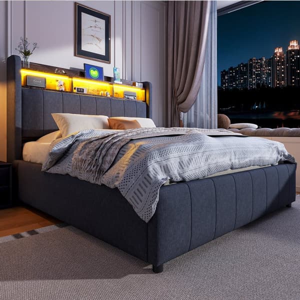 Seng 140x200 cm med LED-lys, USB-stik, hylder i sengegavlen, hydraulisk opbevaring, dobbeltseng i linnedstof, grå