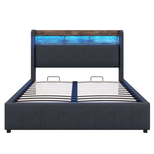 Seng 140x200 cm med LED-lys, USB-stik, hylder i sengegavlen, hydraulisk opbevaring, dobbeltseng i linnedstof, grå