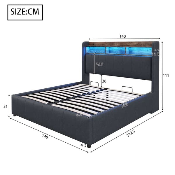 Seng 140x200 cm med LED-lys, USB-stik, hylder i sengegavlen, hydraulisk opbevaring, dobbeltseng i linnedstof, grå