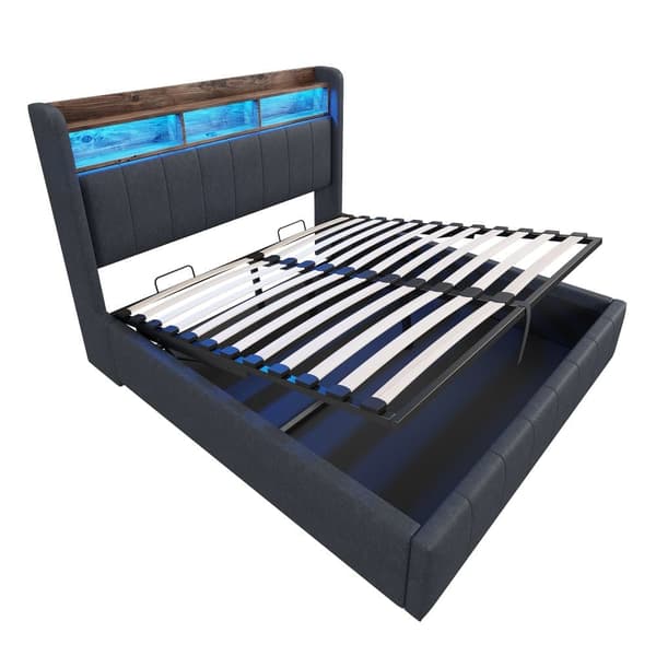Seng 140x200 cm med LED-lys, USB-stik, hylder i sengegavlen, hydraulisk opbevaring, dobbeltseng i linnedstof, grå