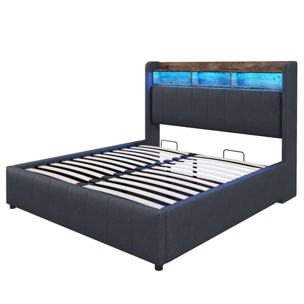 Seng 140x200 cm med LED-lys, USB-stik, hylder i sengegavlen, hydraulisk opbevaring, dobbeltseng i linnedstof, grå