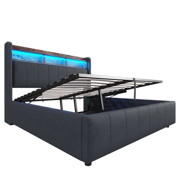 Seng 140x200 cm med LED-lys, USB-stik, hylder i sengegavlen, hydraulisk opbevaring, dobbeltseng i linnedstof, grå