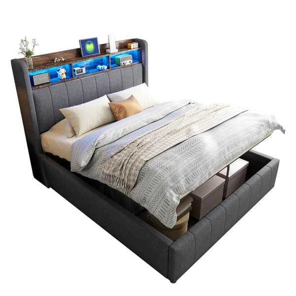 Seng 140x200 cm med LED-lys, USB-stik, hylder i sengegavlen, hydraulisk opbevaring, dobbeltseng i linnedstof, grå