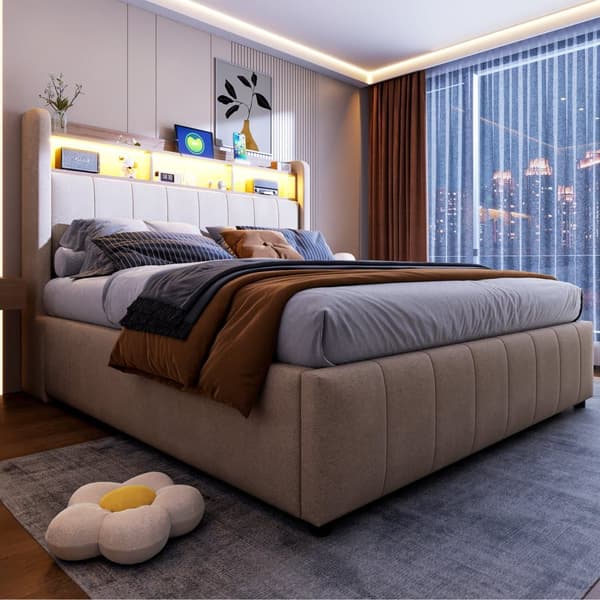 Sänky 140x200 cm LED-valaistuksella, USB-liitäntä, hyllyt sängynpäädyssä, hydraulinen säilytys, parivuode pellavakangasta, beige