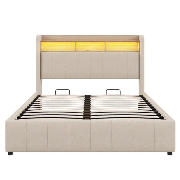 Sänky 140x200 cm LED-valaistuksella, USB-liitäntä, hyllyt sängynpäädyssä, hydraulinen säilytys, parivuode pellavakangasta, beige