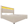 Pikkukuva 7 / 11: Sänky 140x200 cm LED-valaistuksella, USB-liitäntä, hyllyt sängynpäädyssä, hydraulinen säilytys, parivuode pellavakangasta, beige