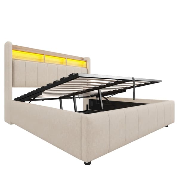Sänky 140x200 cm LED-valaistuksella, USB-liitäntä, hyllyt sängynpäädyssä, hydraulinen säilytys, parivuode pellavakangasta, beige