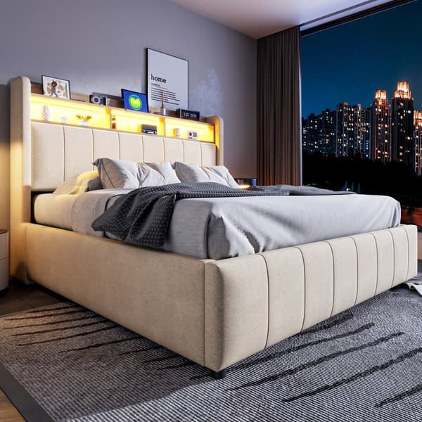 Sängynrunko 160x200 cm LED-valaistuksella, USB-liitäntä, hydraulinen säilytystila ja sängynpääty hyllyillä, pellavakangas, beige