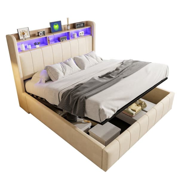 Sängynrunko 160x200 cm LED-valaistuksella, USB-liitäntä, hydraulinen säilytystila ja sängynpääty hyllyillä, pellavakangas, beige