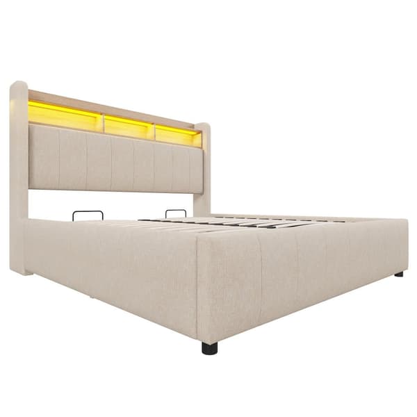 Sängynrunko 160x200 cm LED-valaistuksella, USB-liitäntä, hydraulinen säilytystila ja sängynpääty hyllyillä, pellavakangas, beige