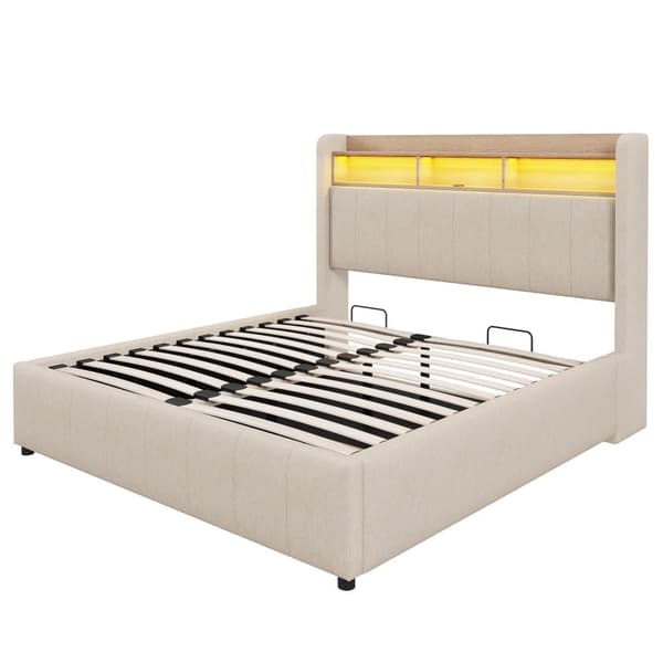 Sängynrunko 160x200 cm LED-valaistuksella, USB-liitäntä, hydraulinen säilytystila ja sängynpääty hyllyillä, pellavakangas, beige