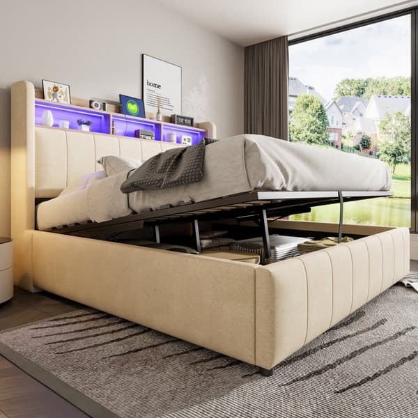 Sängynrunko 160x200 cm LED-valaistuksella, USB-liitäntä, hydraulinen säilytystila ja sängynpääty hyllyillä, pellavakangas, beige