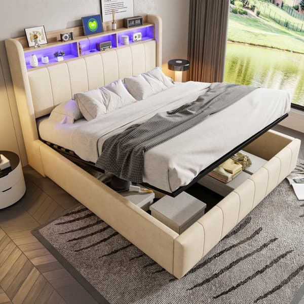 Sängynrunko 160x200 cm LED-valaistuksella, USB-liitäntä, hydraulinen säilytystila ja sängynpääty hyllyillä, pellavakangas, beige