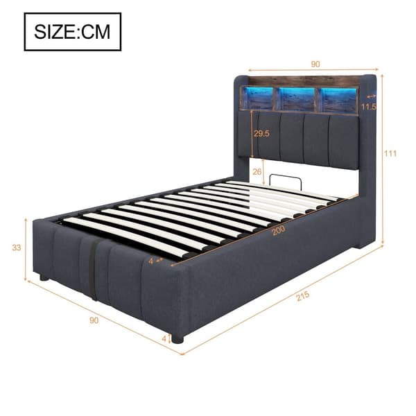 Polstret seng 90x200cm med LED-belysning og USB-port, sengegavl med opbevaring, hydraulisk opbevaringsrum, tremmeseng, hørgrå