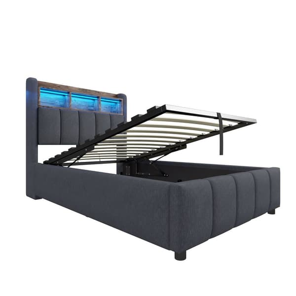 Pehmustettu sänky 90x200cm LED-valaistuksella ja USB-portilla, sängynpääty säilytystilalla, hydraulinen säilytyslokero, pinnasänky, pellavanharmaa