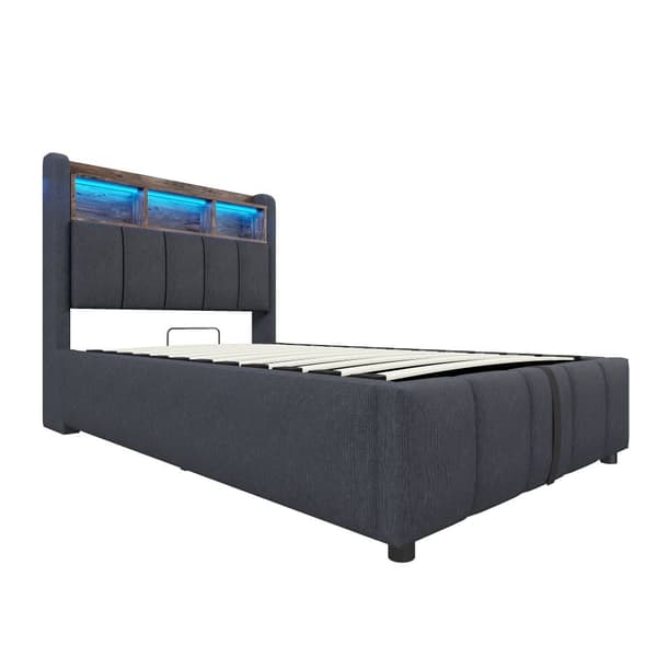 Pehmustettu sänky 90x200cm LED-valaistuksella ja USB-portilla, sängynpääty säilytystilalla, hydraulinen säilytyslokero, pinnasänky, pellavanharmaa