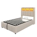 Pikkukuva 7 / 11: Pehmustettu sänky 90x200 cm LED-valaistuksella, USB-portti, hydraulinen säilytystila ja hyllyt sängynpäädyssä, yhden hengen pinnasänky beigeä pellavaa