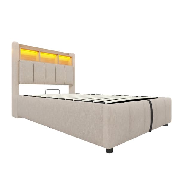 Pehmustettu sänky 90x200 cm LED-valaistuksella, USB-portti, hydraulinen säilytystila ja hyllyt sängynpäädyssä, yhden hengen pinnasänky beigeä pellavaa