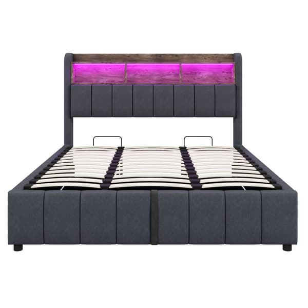 Pehmustettu sänky 180x200 cm LED-valaistuksella, USB-liitäntä, hydrauliikkasäilytys ja sängynpäädyssä hyllyt, parivuode harmaata liinavaatea