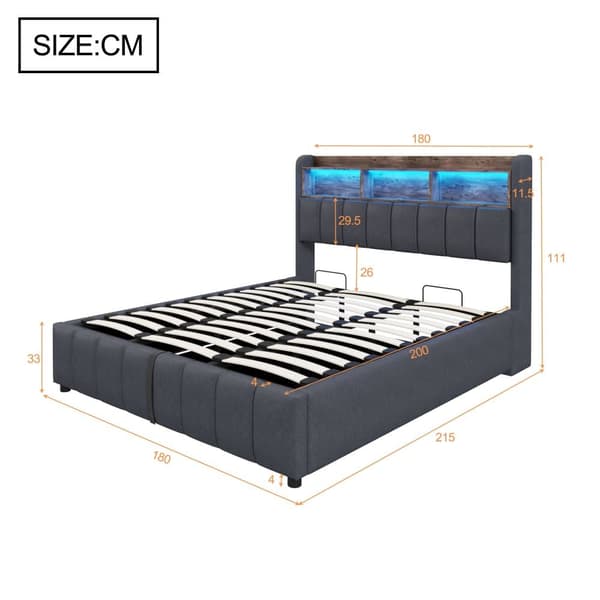 Polstret seng 180x200 cm med LED-belysning, USB-stik, opbevaring med hydraulik og hylder i sengegavl, dobbeltseng i gråt linned