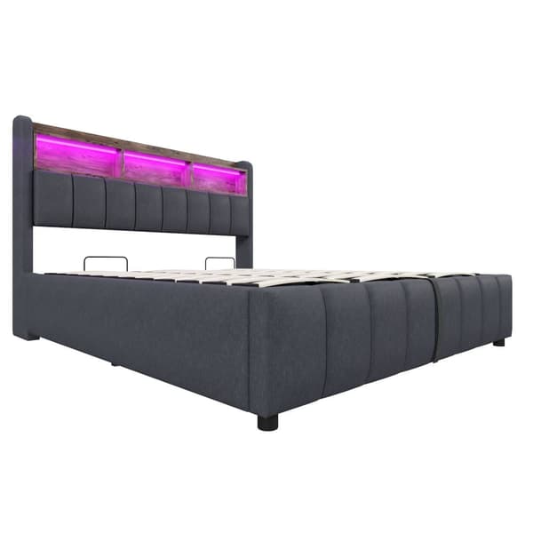 Pehmustettu sänky 180x200 cm LED-valaistuksella, USB-liitäntä, hydrauliikkasäilytys ja sängynpäädyssä hyllyt, parivuode harmaata liinavaatea