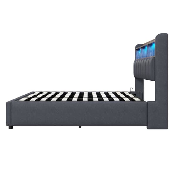 Pehmustettu sänky 180x200 cm LED-valaistuksella, USB-liitäntä, hydrauliikkasäilytys ja sängynpäädyssä hyllyt, parivuode harmaata liinavaatea