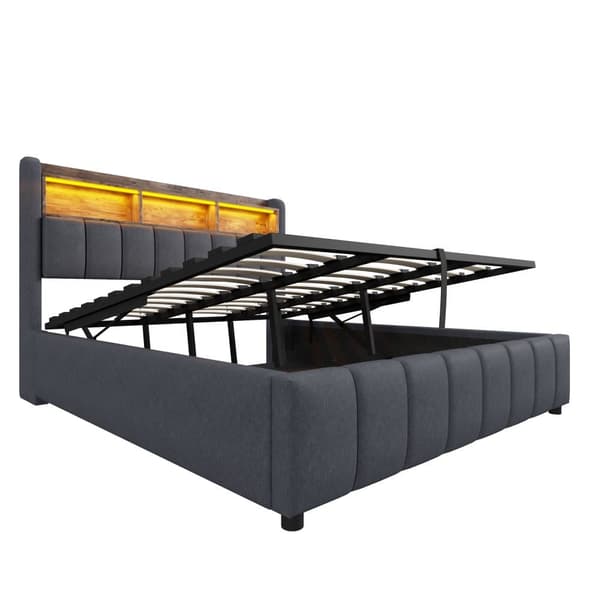 Pehmustettu sänky 180x200 cm LED-valaistuksella, USB-liitäntä, hydrauliikkasäilytys ja sängynpäädyssä hyllyt, parivuode harmaata liinavaatea