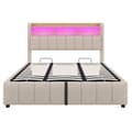 Miniatyrbillede 4 af 11: Polstret seng 180x200 cm – LED-belysning, USB-stik, sengegavl opbevaring, hydraulikrum – Beige