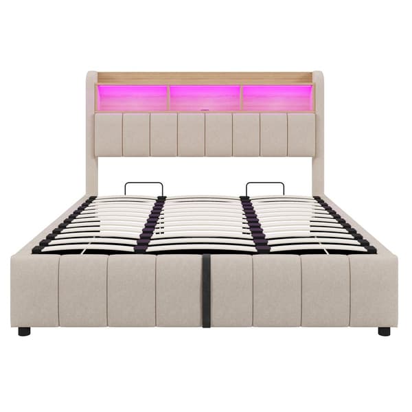 Polstret seng 180x200 cm – LED-belysning, USB-stik, sengegavl opbevaring, hydraulikrum – Beige