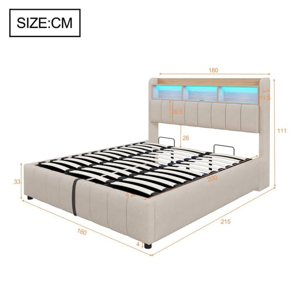 Polstret seng 180x200 cm – LED-belysning, USB-stik, sengegavl opbevaring, hydraulikrum – Beige