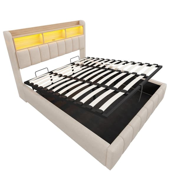 Polstret seng 180x200 cm – LED-belysning, USB-stik, sengegavl opbevaring, hydraulikrum – Beige