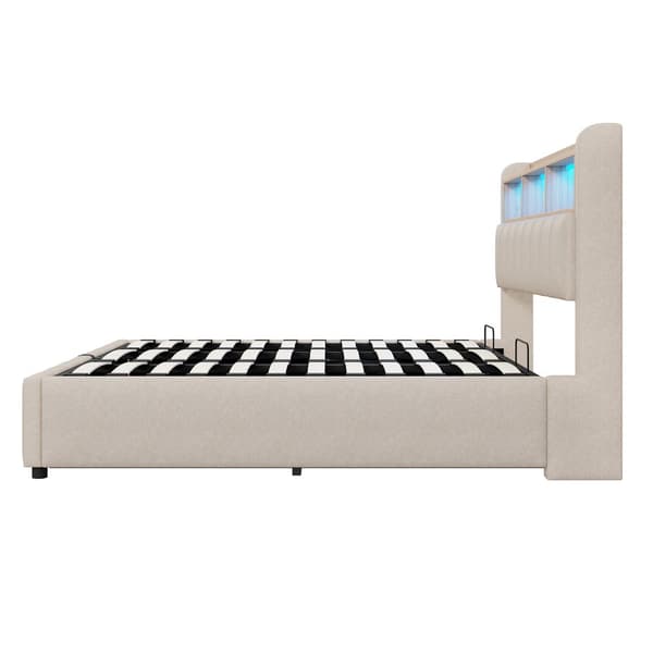 Polstret seng 180x200 cm – LED-belysning, USB-stik, sengegavl opbevaring, hydraulikrum – Beige
