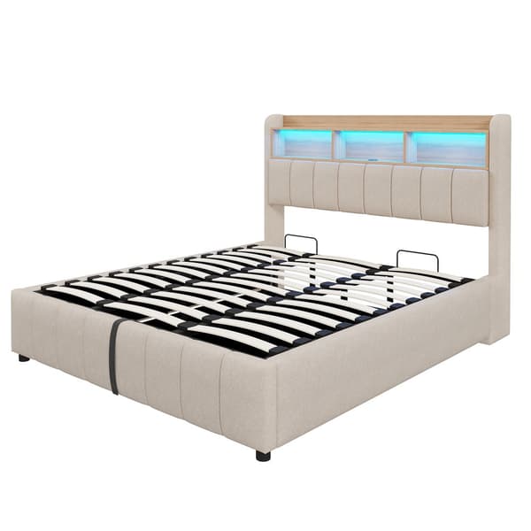 Polstret seng 180x200 cm – LED-belysning, USB-stik, sengegavl opbevaring, hydraulikrum – Beige