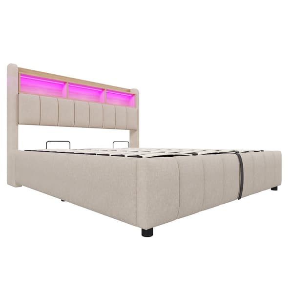Polstret seng 180x200 cm – LED-belysning, USB-stik, sengegavl opbevaring, hydraulikrum – Beige