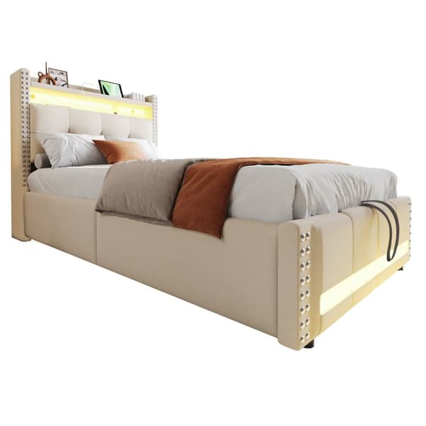 Pehmustettu sänky 90x200 cm LEDillä, USB, säilytystila sängynpäädyssä, hydraulinen nostin, beige liinavaatteet