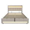 Miniatyrbillede 4 af 11: Polstret seng 180x200 cm med LED, USB, opbevaring i sengegavlen, hydraulisk lift, dobbeltseng i beige linned