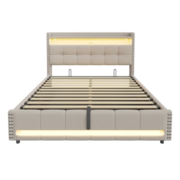 Polstret seng 180x200 cm med LED, USB, opbevaring i sengegavlen, hydraulisk lift, dobbeltseng i beige linned