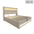 Miniatyrbillede 5 af 11: Polstret seng 180x200 cm med LED, USB, opbevaring i sengegavlen, hydraulisk lift, dobbeltseng i beige linned