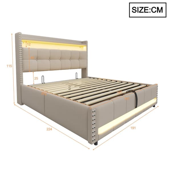 Polstret seng 180x200 cm med LED, USB, opbevaring i sengegavlen, hydraulisk lift, dobbeltseng i beige linned