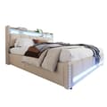 Miniatyrbillede 6 af 11: Polstret seng 180x200 cm med LED, USB, opbevaring i sengegavlen, hydraulisk lift, dobbeltseng i beige linned