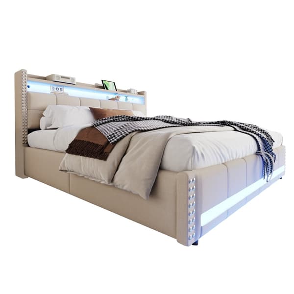 Polstret seng 180x200 cm med LED, USB, opbevaring i sengegavlen, hydraulisk lift, dobbeltseng i beige linned