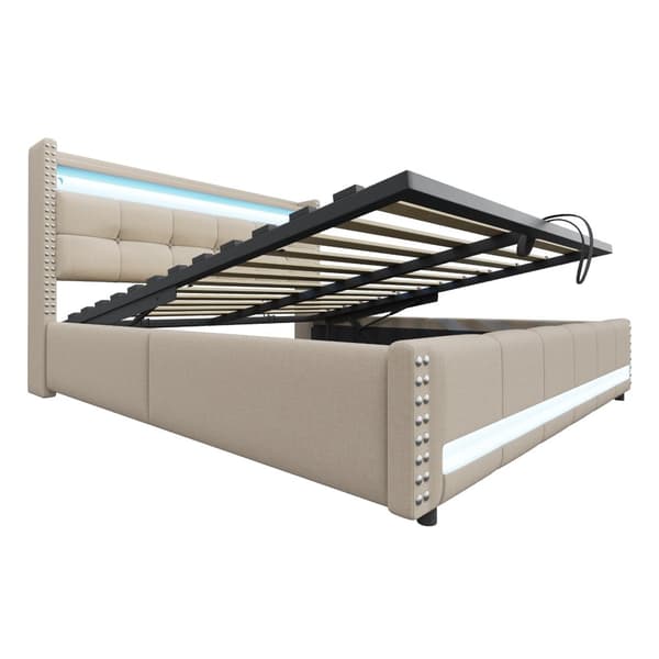 Polstret seng 180x200 cm med LED, USB, opbevaring i sengegavlen, hydraulisk lift, dobbeltseng i beige linned