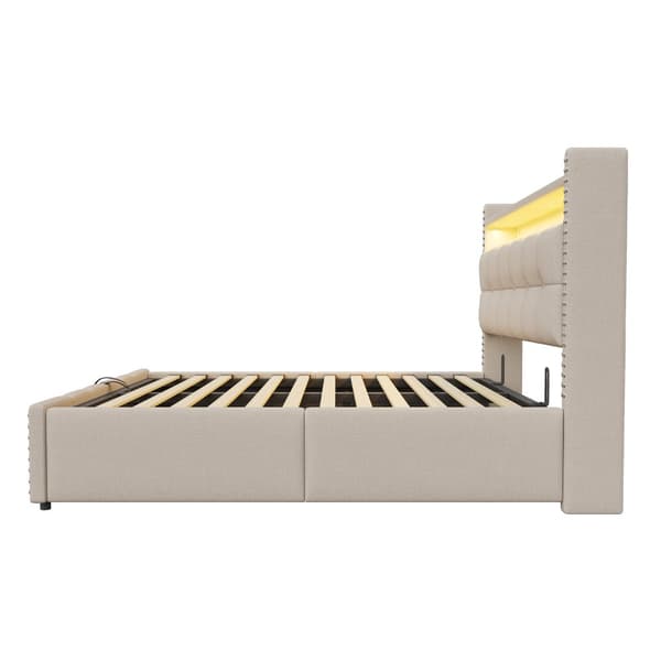 Polstret seng 180x200 cm med LED, USB, opbevaring i sengegavlen, hydraulisk lift, dobbeltseng i beige linned