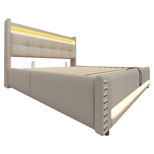 Polstret seng 180x200 cm med LED, USB, opbevaring i sengegavlen, hydraulisk lift, dobbeltseng i beige linned