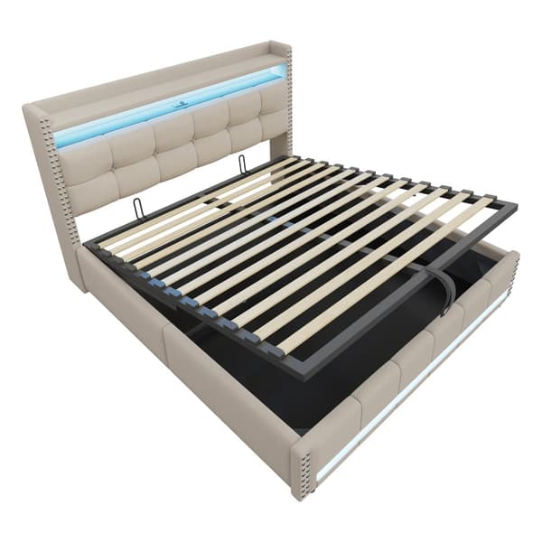 Polstret seng 180x200 cm med LED, USB, opbevaring i sengegavlen, hydraulisk lift, dobbeltseng i beige linned
