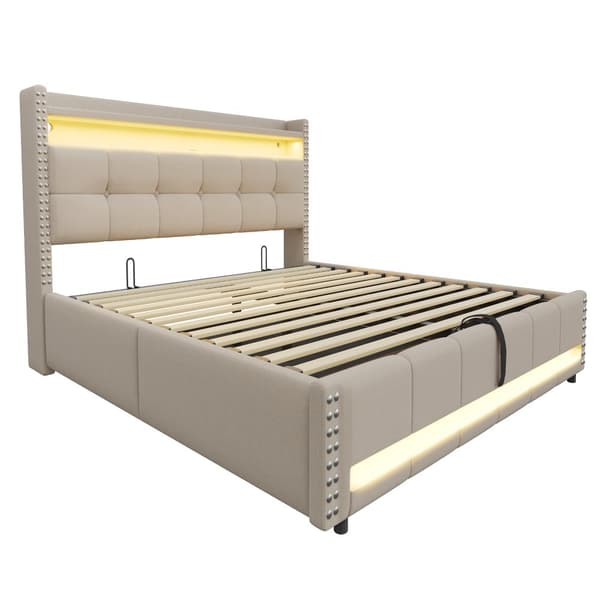 Polstret seng 180x200 cm med LED, USB, opbevaring i sengegavlen, hydraulisk lift, dobbeltseng i beige linned